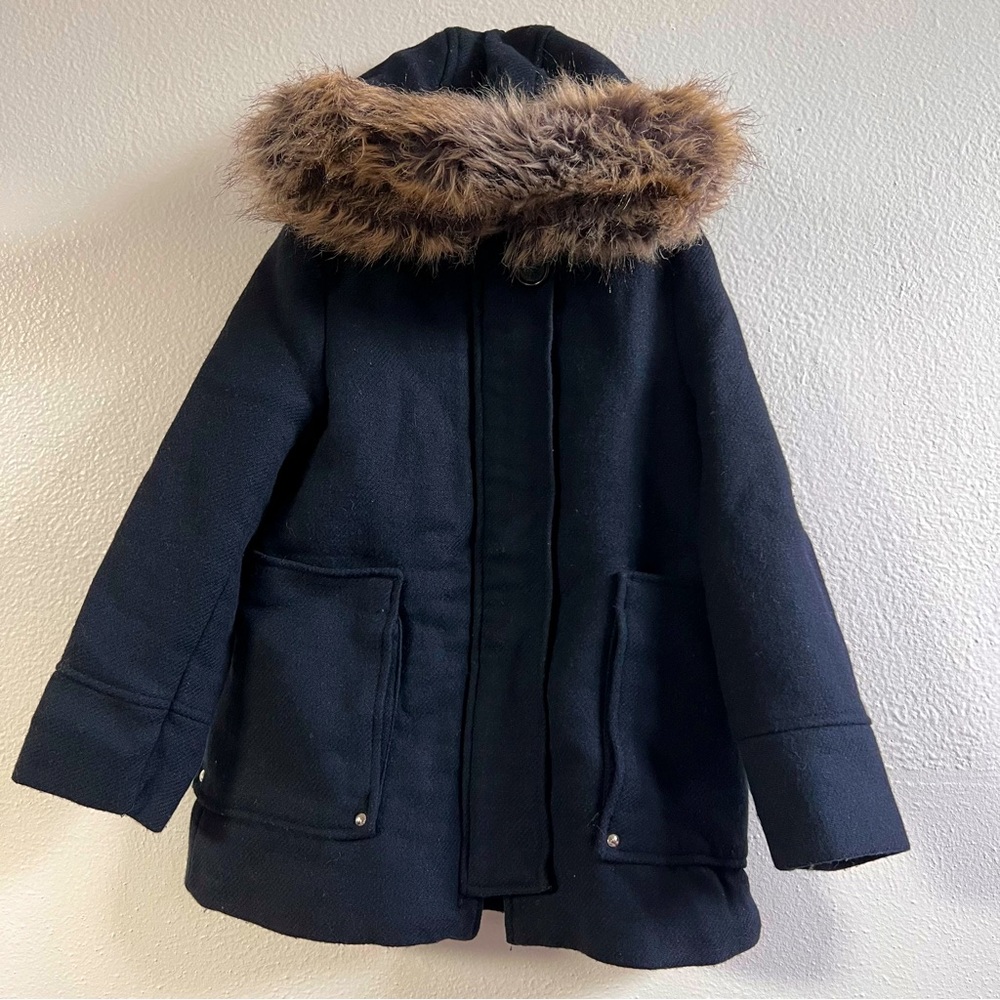 Zara Kids Faux Fur Trim Coat Size 10 Navy Blue
